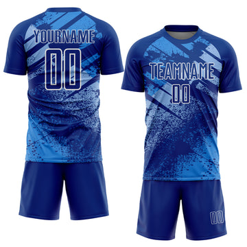 Custom Royal Light Blue-White Grunge Splatter Brush Stroke Sublimation Soccer Uniform Jersey