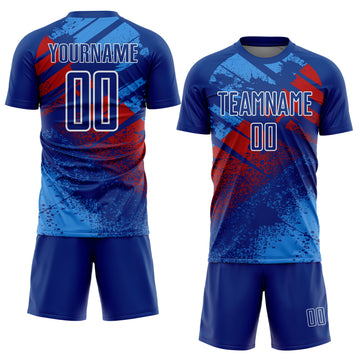 Custom Royal Red-White Grunge Splatter Brush Stroke Sublimation Soccer Uniform Jersey