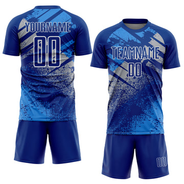 Custom Royal Gray-White Grunge Splatter Brush Stroke Sublimation Soccer Uniform Jersey