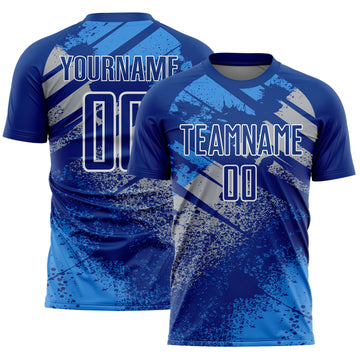 Custom Royal Gray-White Grunge Splatter Brush Stroke Sublimation Soccer Uniform Jersey