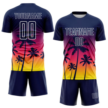 Custom Navy Neon Pink Light Yellow-White Tropical Hawaii Palm Trees Gradient Sublimation Soccer Uniform Jersey