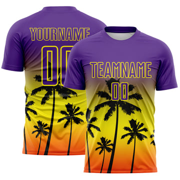 Custom Purple Light Yellow-Orange Tropical Hawaii Palm Trees Gradient Sublimation Soccer Uniform Jersey