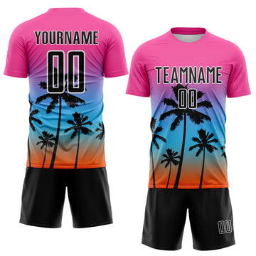 Custom Pink Black Sky Blue Orange-White Tropical Hawaii Palm Trees Gradient Sublimation Soccer Uniform Jersey