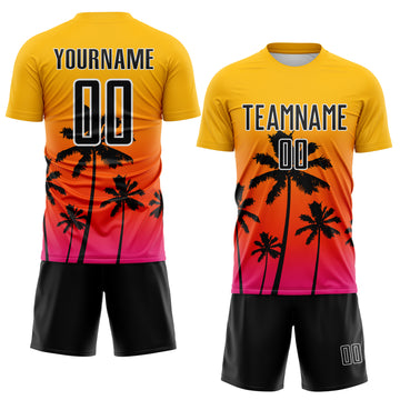 Custom Gold Black Orange Hot Pink-White Tropical Hawaii Palm Trees Gradient Sublimation Soccer Uniform Jersey