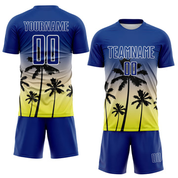 Custom Royal Cream Neon Yellow-White Tropical Hawaii Palm Trees Gradient Sublimation Soccer Uniform Jersey