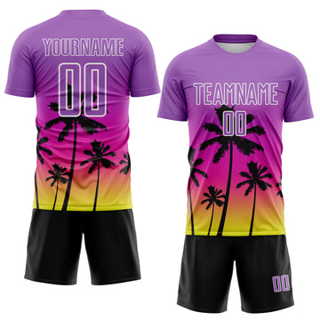Custom Medium Purple Deep Pink Neon Yellow White-Black Tropical Hawaii Palm Trees Gradient Sublimation Soccer Uniform Jersey