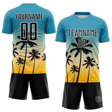 Custom Panther Blue Black Cream Gold-White Tropical Hawaii Palm Trees Gradient Sublimation Soccer Uniform Jersey