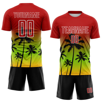 Custom Red Neon Green Gold White-Black Tropical Hawaii Palm Trees Gradient Sublimation Soccer Uniform Jersey