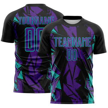 Custom Black Purple-Aqua Geometric Shard Grunge Splash Sublimation Soccer Uniform Jersey
