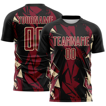 Custom Black Crimson-Cream Geometric Shard Grunge Splash Sublimation Soccer Uniform Jersey