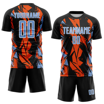 Custom Black Light Blue Orange-White Geometric Shard Grunge Splash Sublimation Soccer Uniform Jersey