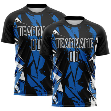 Custom Black Blue-White Geometric Shard Grunge Splash Sublimation Soccer Uniform Jersey
