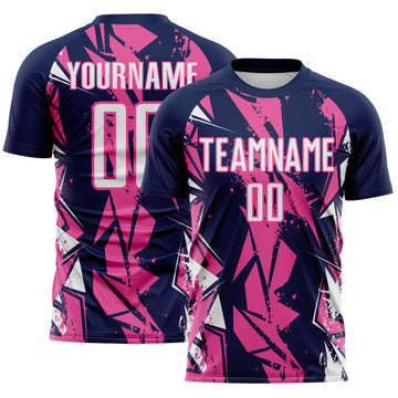 Custom Navy White-Pink Geometric Shard Grunge Splash Sublimation Soccer Uniform Jersey