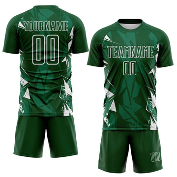 Custom Green-White Geometric Shard Grunge Splash Sublimation Soccer Uniform Jersey
