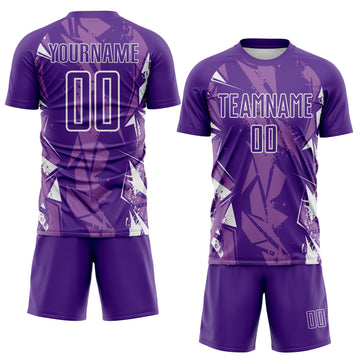 Custom Purple-White Geometric Shard Grunge Splash Sublimation Soccer Uniform Jersey