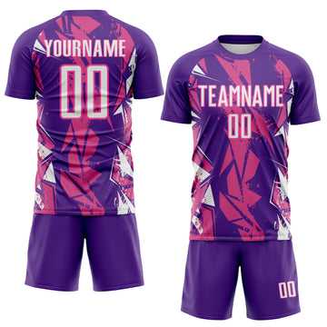 Custom Purple White-Pink Geometric Shard Grunge Splash Sublimation Soccer Uniform Jersey