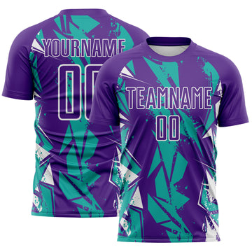 Custom Purple Aqua-White Geometric Shard Grunge Splash Sublimation Soccer Uniform Jersey