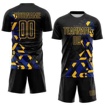 Custom Black Royal-Yellow Geometric Grid Gradient Sublimation Soccer Uniform Jersey