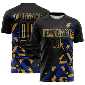 Custom Black Royal-Old Gold Geometric Grid Gradient Sublimation Soccer Uniform Jersey