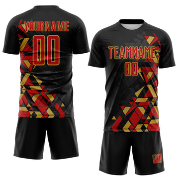 Custom Black Red-Old Gold Geometric Grid Gradient Sublimation Soccer Uniform Jersey