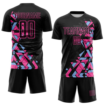 Custom Black Pink-Light Blue Geometric Grid Gradient Sublimation Soccer Uniform Jersey