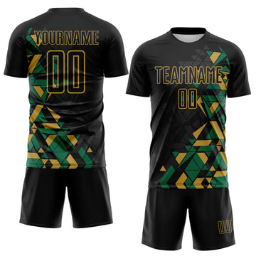 Custom Black Kelly Green-Old Gold Geometric Grid Gradient Sublimation Soccer Uniform Jersey