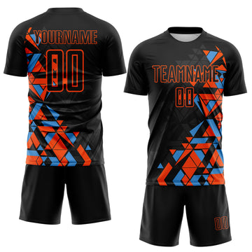 Custom Black Orange-Powder Blue Geometric Grid Gradient Sublimation Soccer Uniform Jersey