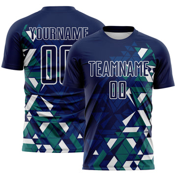Custom Navy US Navy Blue Teal-White Geometric Grid Gradient Sublimation Soccer Uniform Jersey