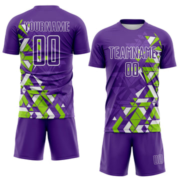 Custom Purple Neon Green-White Geometric Grid Gradient Sublimation Soccer Uniform Jersey
