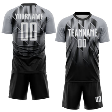 Custom Black White-Gray Spiked Sharp Lines Gradient Sublimation Soccer Uniform Jersey