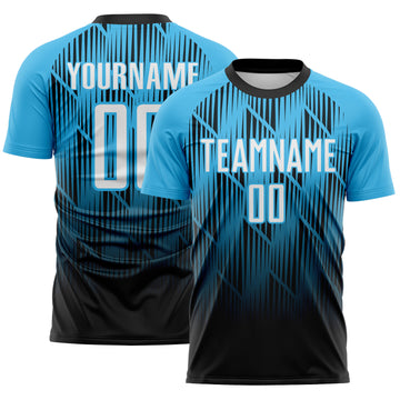 Custom Black White-Sky Blue Spiked Sharp Lines Gradient Sublimation Soccer Uniform Jersey
