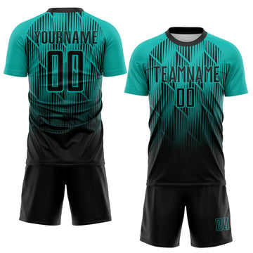Custom Black-Aqua Spiked Sharp Lines Gradient Sublimation Soccer Uniform Jersey