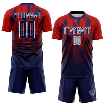 Custom Navy Red-White Spiked Sharp Lines Gradient Sublimation Soccer Uniform Jersey
