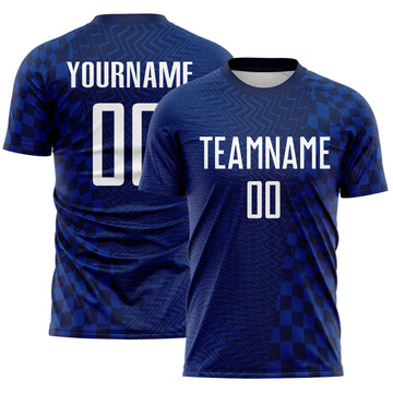 Custom Royal White-Navy Geometric Patchwork Asymmetry Checkered Zigzag Lines Sublimation Soccer Uniform Jersey
