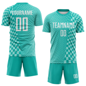 Custom Aqua White-Ice Blue Geometric Patchwork Asymmetry Checkered Zigzag Lines Sublimation Soccer Uniform Jersey
