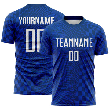 Custom US Navy Blue-White Geometric Patchwork Asymmetry Checkered Zigzag Lines Sublimation Soccer Uniform Jersey