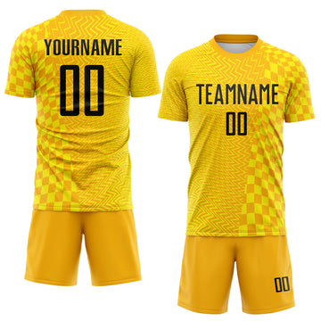Custom Gold Black-Light Yellow Geometric Patchwork Asymmetry Checkered Zigzag Lines Sublimation Soccer Uniform Jersey