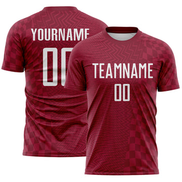 Custom Crimson-White Geometric Patchwork Asymmetry Checkered Zigzag Lines Sublimation Soccer Uniform Jersey