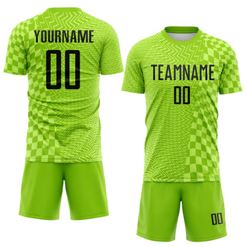 Custom Neon Green-Black Geometric Patchwork Asymmetry Checkered Zigzag Lines Sublimation Soccer Uniform Jersey
