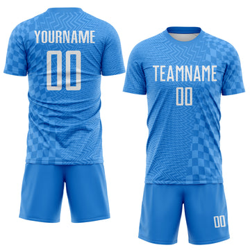 Custom Powder Blue-White Geometric Patchwork Asymmetry Checkered Zigzag Lines Sublimation Soccer Uniform Jersey