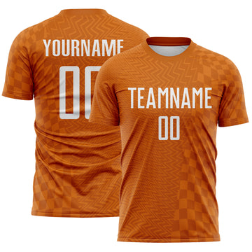 Custom Texas Orange-White Geometric Patchwork Asymmetry Checkered Zigzag Lines Sublimation Soccer Uniform Jersey