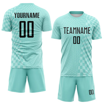 Custom Ice Blue-Black Geometric Patchwork Asymmetry Checkered Zigzag Lines Sublimation Soccer Uniform Jersey