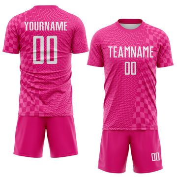 Custom Hot Pink-White Geometric Patchwork Asymmetry Checkered Zigzag Lines Sublimation Soccer Uniform Jersey