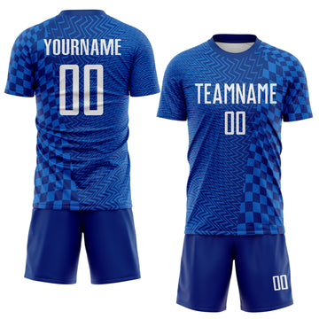 Custom Royal-White Geometric Patchwork Asymmetry Checkered Zigzag Lines Sublimation Soccer Uniform Jersey