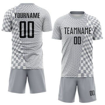 Custom Gray Black-White Geometric Patchwork Asymmetry Checkered Zigzag Lines Sublimation Soccer Uniform Jersey