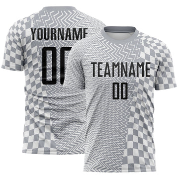 Custom Gray Black-White Geometric Patchwork Asymmetry Checkered Zigzag Lines Sublimation Soccer Uniform Jersey