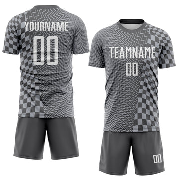 Custom Steel Gray-White Geometric Patchwork Asymmetry Checkered Zigzag Lines Sublimation Soccer Uniform Jersey