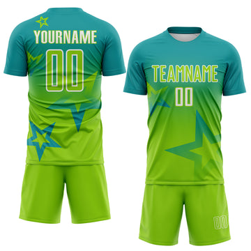Custom Teal Neon Green-White Gradient Style Twinkle Star Sublimation Soccer Uniform Jersey
