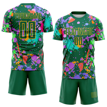 Custom Graffiti Pattern Kelly Green-Gold Paint Splatter Sublimation Soccer Uniform Jersey