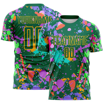 Custom Graffiti Pattern Kelly Green-Gold Paint Splatter Sublimation Soccer Uniform Jersey